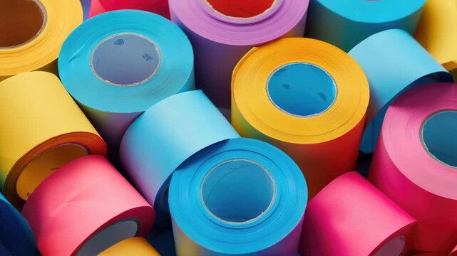 Video A bundle of vibrant rolls of adhesive tape with various colors, ideal for arts and crafts projects or as a decorative accent