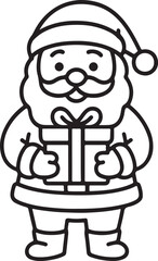 Cartoon Santa Claus holding gift box line art icon. Simple full body vector drawing of happy Santa with a present