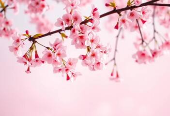 Fototapeta premium Soft pink cherry blossoms falling on pastel background, illustration, blossom