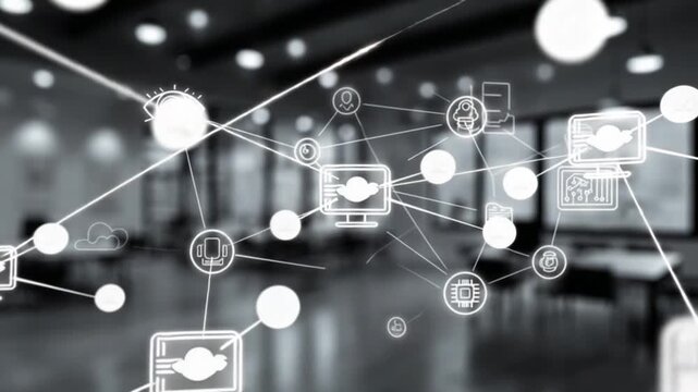 Digital network connecting devices and data in a modern, blurred office space.
