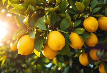 Sunlight dapples ripe lemons on a branch, lush green leaves, Mediterranean grove,  sun,  organic