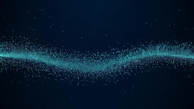 Glowing turquoise particles swirl and drift across a deep blue, cosmic-like background