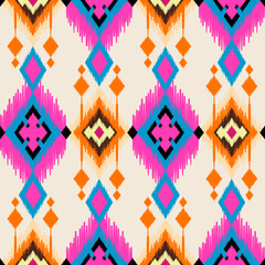 Ethnic ikat dye yarns weaving seamless pattern. Vector hand drawn craftsmanship, embroidery, bohemian, abstract geographic art fabric ikat textile material design for clothing, wallpaper, carpet