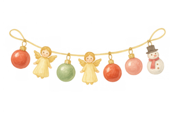 Watercolor christmas garland featuring angels, ornaments, and a snowman, creating a festive holiday decoration with a transparent background