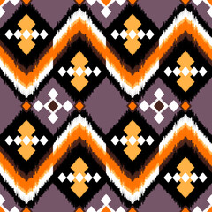 Ethnic ikat dye yarns weaving seamless pattern. Vector hand drawn craftsmanship, embroidery, bohemian, abstract geographic art fabric ikat textile material design for clothing, wallpaper, carpet