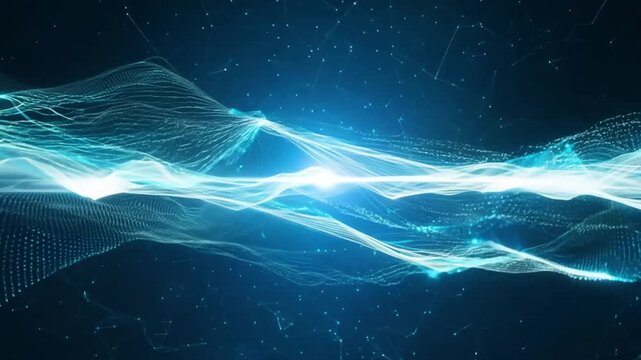 Abstract glowing digital waves flow through a dark, starry expanse, representing data and technology.