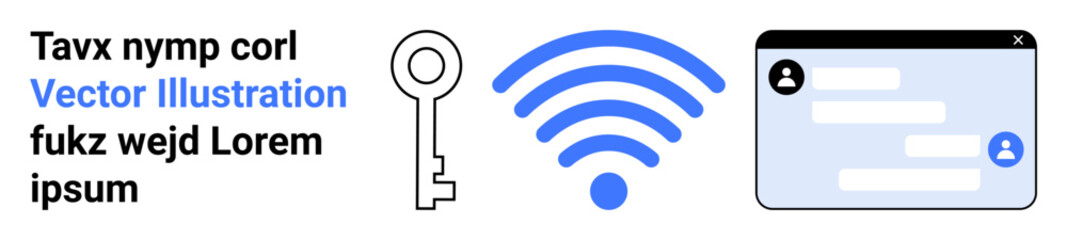 Obraz premium Data security, online communication, authentication, internet access, cybersecurity, digital identification. Key, wireless signal chat window icons. Data security and online communication concept