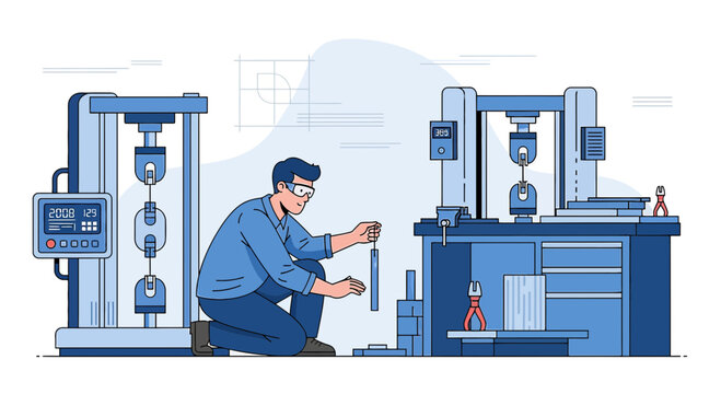 Material testing illustration: Engineer working with tensile testing machines in laboratory