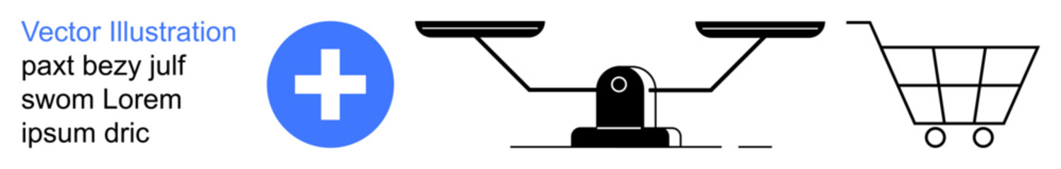Healthcare, decision making, consumer behavior, economics, wellness, lifestyle choices. Blue medical cross, balance scale and shopping cart icons. Healthcare and decision-making concept
