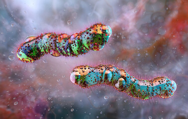 3D illustration of pathogenic bacteria including E. coli, Salmonella, Clostridium, Pseudomonas aeruginosa. Antibiotic resistance, biofilm formation, and bacterial mutations. Scientific cgi