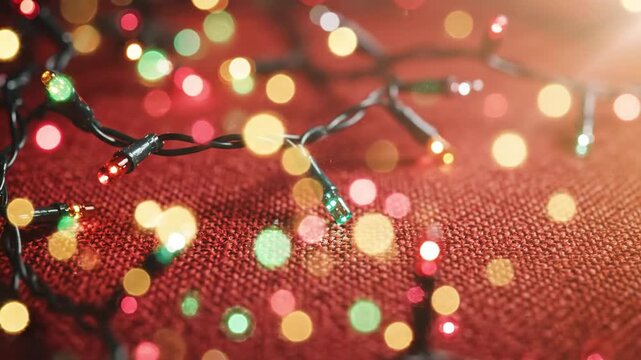 Decorative string lights with bokeh on red surface