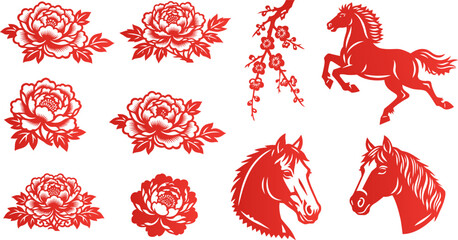 This red paper-cut style horse and peony flower element set is perfect for DIY crafts, scrapbooking, digital stickers, or cultural design projects.