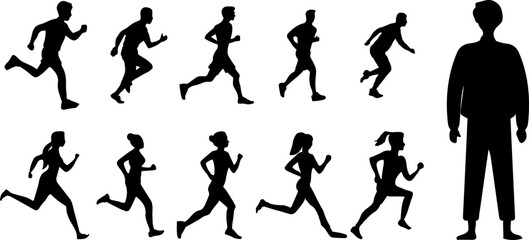 vector silhouettes of running man and women