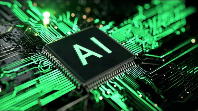 Futuristic central processor unit with glowing ai logo sending signals through a circuit board