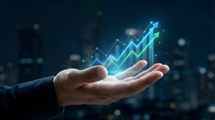Holographic line graph of massive upward growth held in hand — finance, investment, fintech visualization