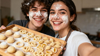 Happy couple cooking together in kitchen with flour on faces and pasta tray