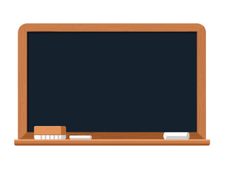Framed in natural wood, this clean, dark blackboard stands ready for a lesson, featuring a felt eraser and two sticks of white chalk neatly arranged on the bottom tray for a classic school look. © Skyframe