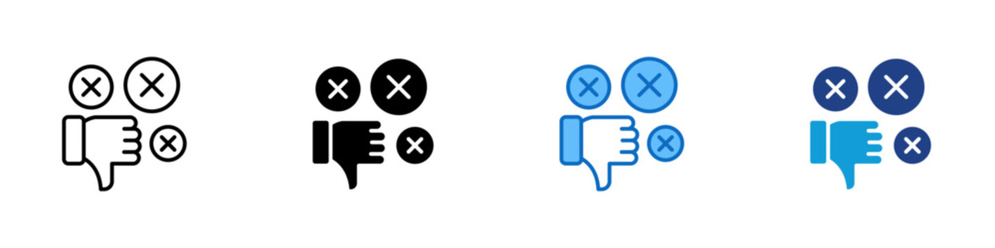 Negative Feedback Multiple Style Icon Design Vector - thumbs down with multiple X marks, representing rejection, disapproval, and negative response