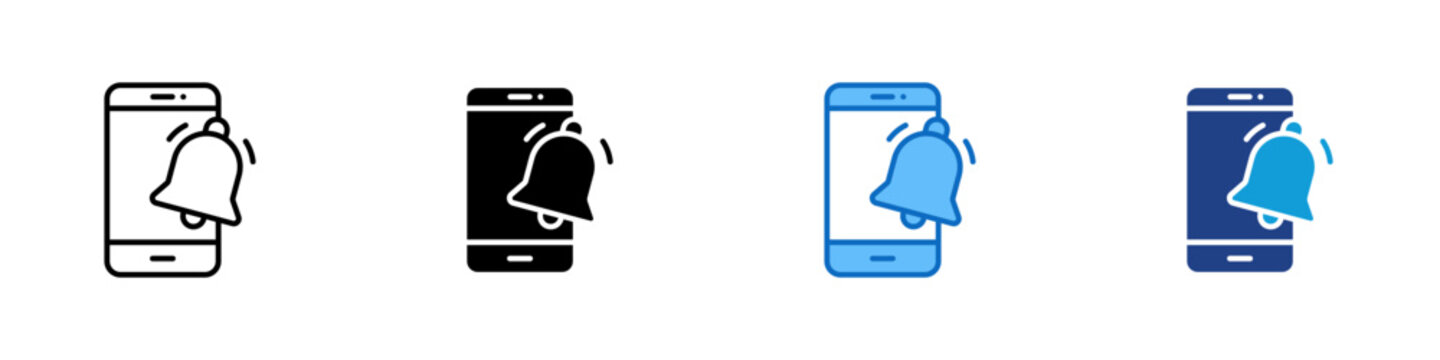Mobile Notification Multiple Style Icon Design Vector - smartphone with a ringing bell, representing alerts, reminders, and updates