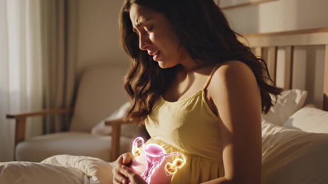 Emotional Woman Crying with Dynamic Glowing Uterus and Ovaries Illustrating Reproductive Health Pain