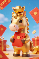 he cute little golden horse, with a golden ingot on its head and a red envelope in its arms, has a 3D card pass