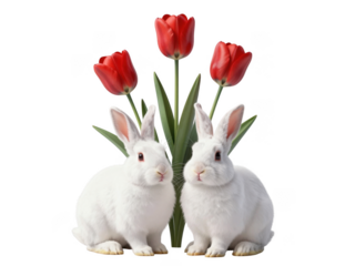 Two white rabbits with red tulips