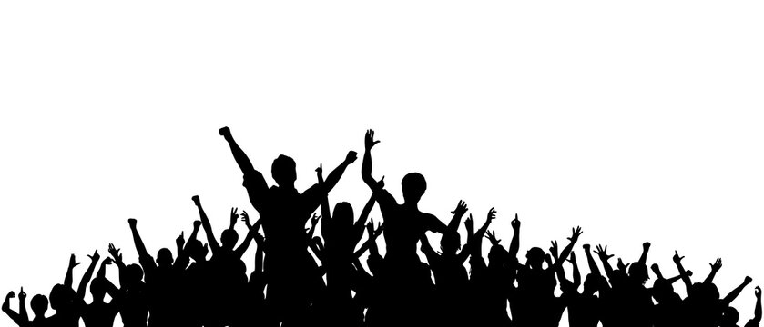 Black vector silhouettes of grass and people dancing in a crowd at a disco club concert celebration