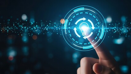 A futuristic hand interacting with a glowing blue circular interface in a dark digital environment with various lights and effects