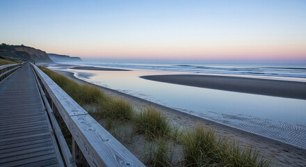Wooden Boardwalk Path Leading to a Calm Beach at Sunset Twilight