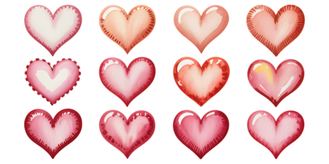 Collection of twelve watercolor painted hearts in various shades of pink and red perfect for romantic holiday designs and celebrations