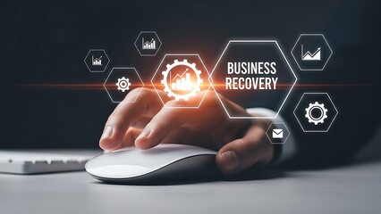 Business recovery concept with hand on computer mouse and futuristic icons