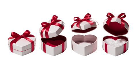 Collection of white heart shaped gift boxes tied with shiny red satin ribbons showing various stages of opening against a for romance