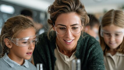 Teacher guiding students through a science experiment, curiosity in their eyes