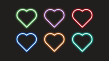 Collection of six colorful neon heart shapes on a dark background
