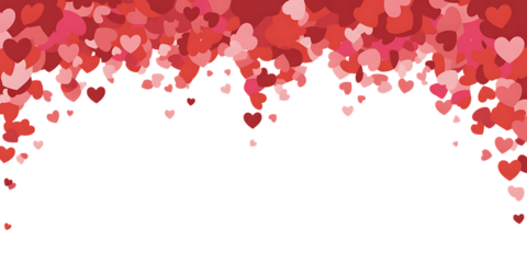 Falling cascade of various shades of red and pink hearts creates a beautiful romantic border design against a transparent background perfect for celebrations