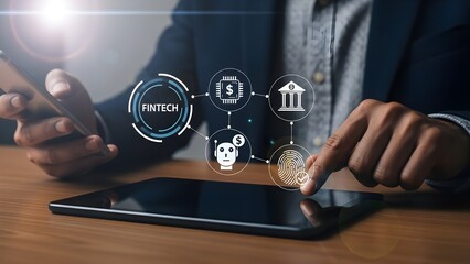 Close-up of a businessman interacting with a tablet and fintech icons on a wooden desk in a modern office setting with a professional and technological mood.
