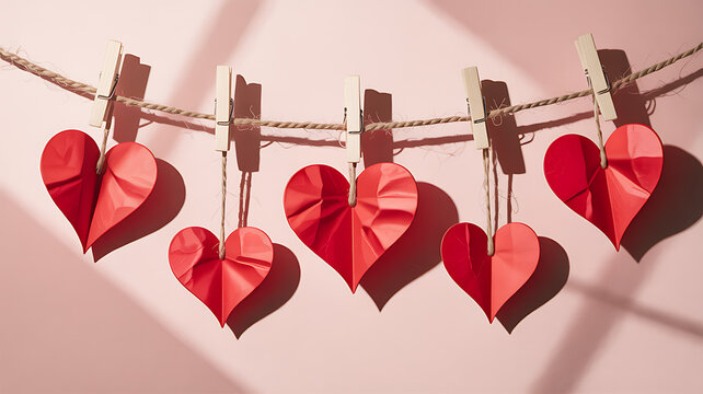 Five vibrant red origami hearts hang from a rustic twine clothesline with wooden pegs against a soft pink background creating dramatic shadows for romance - Powered by Adobe