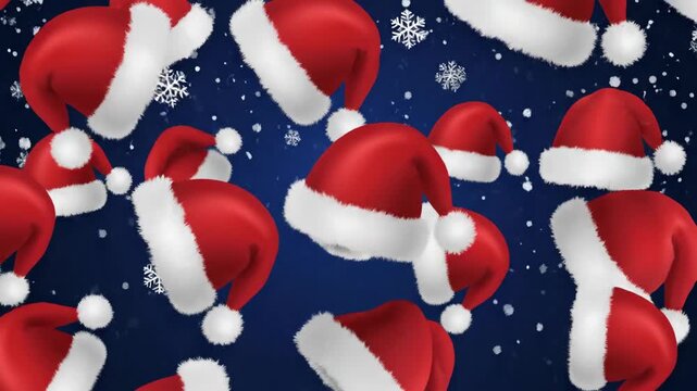 Floating red and white santa hats on blue background festive design