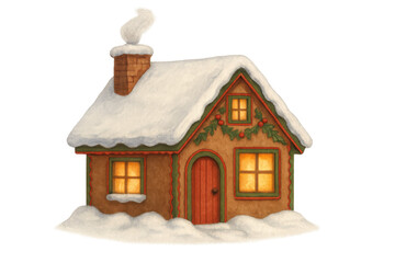 Obraz premium Gingerbread house illustration with snow, a cozy winter cottage, and festive holiday decorations, isolated on a transparent background