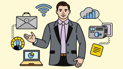 Businessman demonstrating digital business management and technology integration isolated on transparent background, Vector