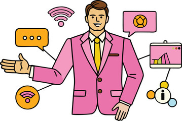 Man presenting interconnected business and technology concepts illustration isolated on transparent background, Vector