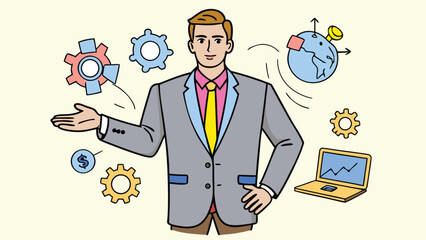A professional businessman presenting business concepts like global strategy and finance isolated on transparent background, Vector