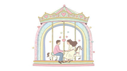 Carousel of Hearts: A romantic illustration captures the timeless beauty of love, featuring a couple on a whimsical carousel, surrounded by delicate hearts and the soft glow of a rainbow.