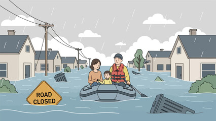 Family navigating a flooded neighborhood during a severe weather event, with houses submerged and a road closure sign visible