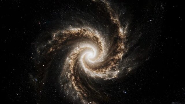 Swirling, luminous spiral galaxy with dark dust lanes against a field of stars