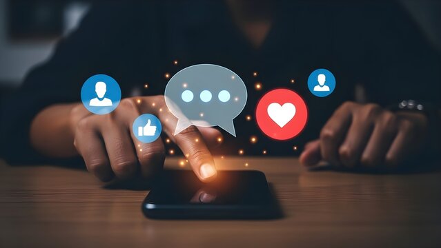 Close-up of a person's hands interacting with a smartphone displaying social media icons floating above the screen on a wooden table with a dark background. - Powered by Adobe