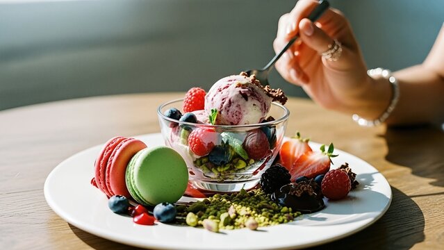 Indulgent dessert with ice cream and macarons on white plate close-up - Powered by Adobe