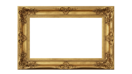 Ornate vintage gold picture frame with intricate carvings isolated on transparent background