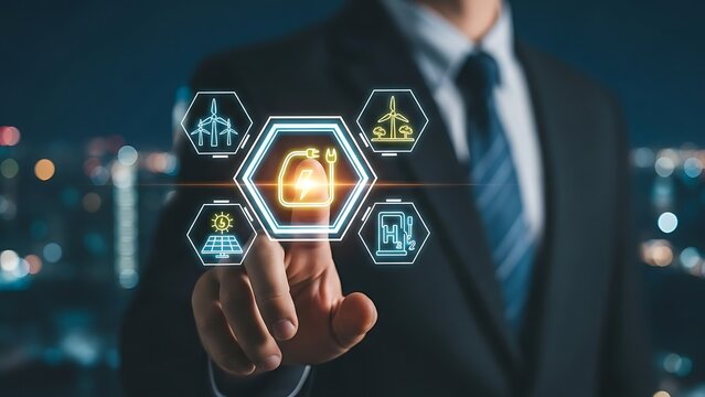 Businessman interacting with futuristic digital interface in a smart city at night with glowing icons and network connections - Powered by Adobe