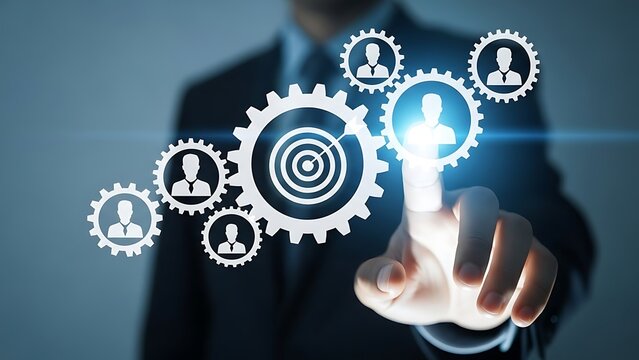 Businessman interacting with glowing gears and people icons in a digital interface for networking and management - Powered by Adobe